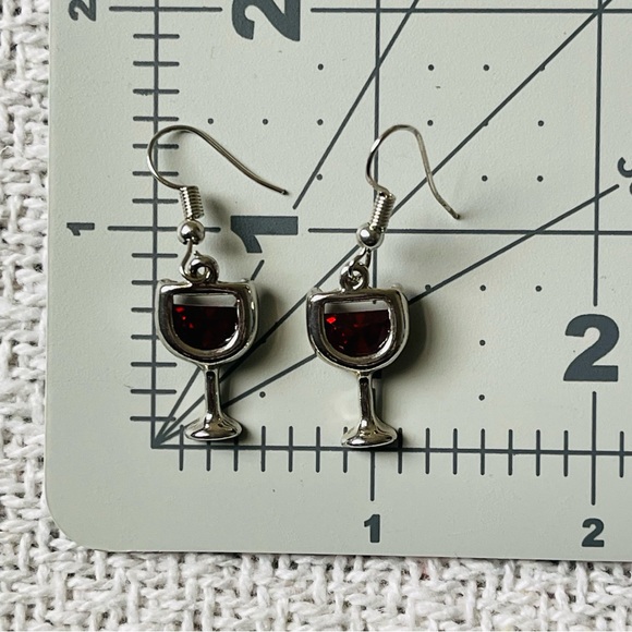 RED WINE EARRINGS Silver Plated With Fish Hook Ear Wires & Red Crystals - Picture 2 of 8